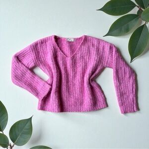✨ Pink Rose Fuzzy Bright Pink V-Neck Sweater